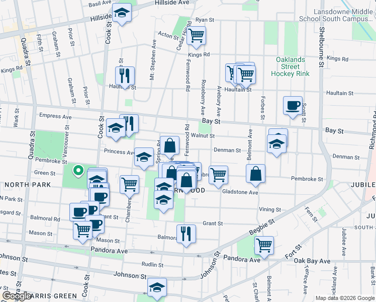 map of restaurants, bars, coffee shops, grocery stores, and more near 2117 Fernwood Road in Victoria