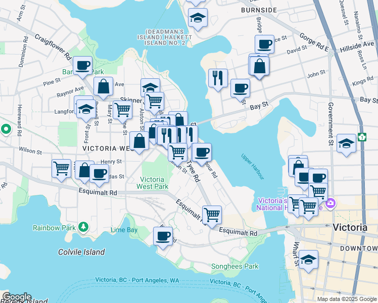 map of restaurants, bars, coffee shops, grocery stores, and more near 645 Tyee Road in Victoria