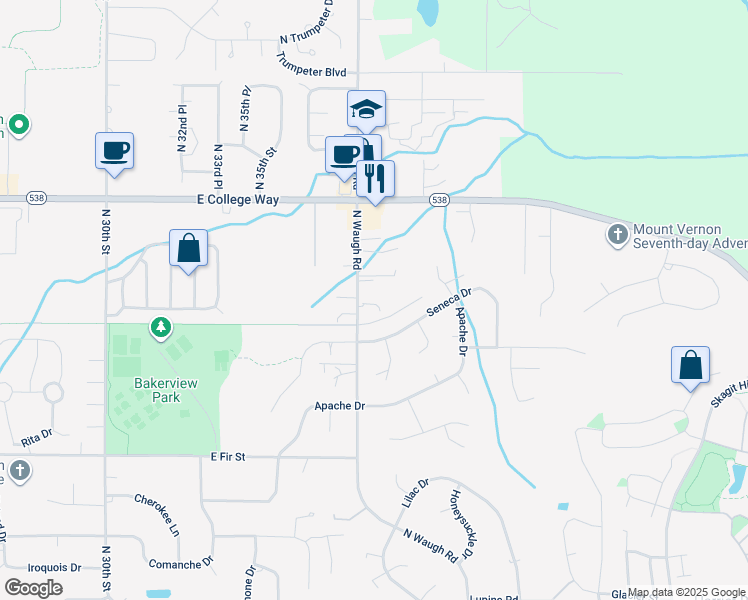 map of restaurants, bars, coffee shops, grocery stores, and more near 3903 Seneca Drive in Mount Vernon