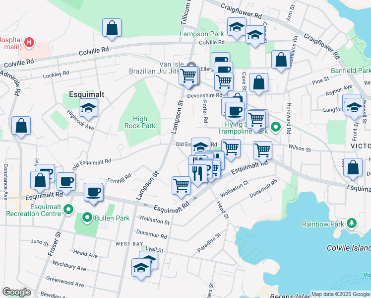 map of restaurants, bars, coffee shops, grocery stores, and more near 644 Head Street in Victoria