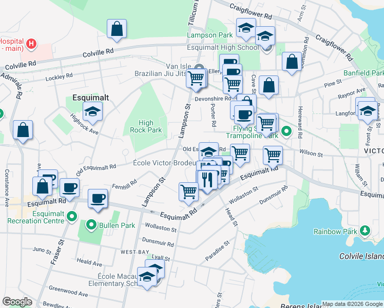 map of restaurants, bars, coffee shops, grocery stores, and more near 667 Head Street in Victoria