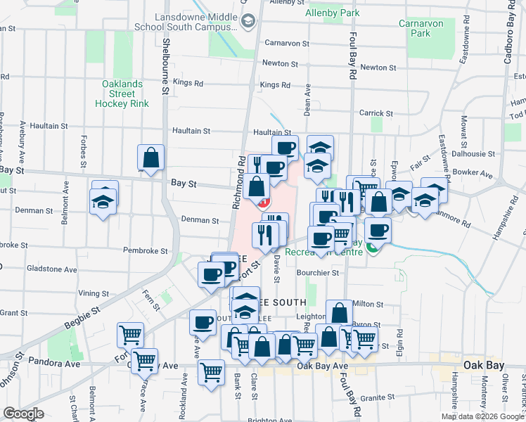map of restaurants, bars, coffee shops, grocery stores, and more near 1952 Bay Street in Victoria