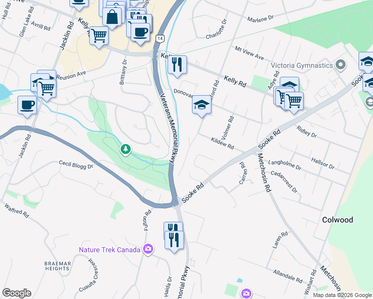 map of restaurants, bars, coffee shops, grocery stores, and more near 3083 Chantel Place in Victoria