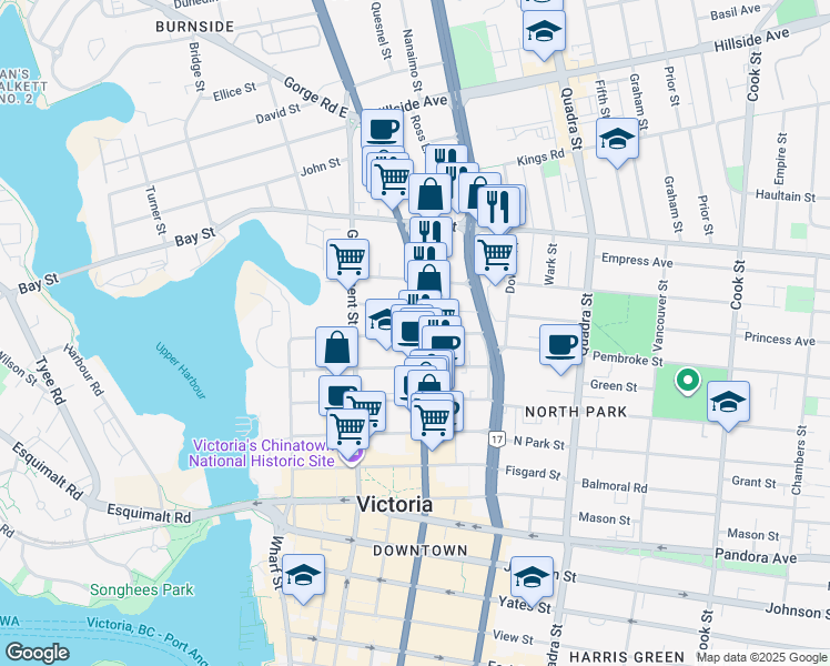 map of restaurants, bars, coffee shops, grocery stores, and more near 2269 Douglas Street in Victoria