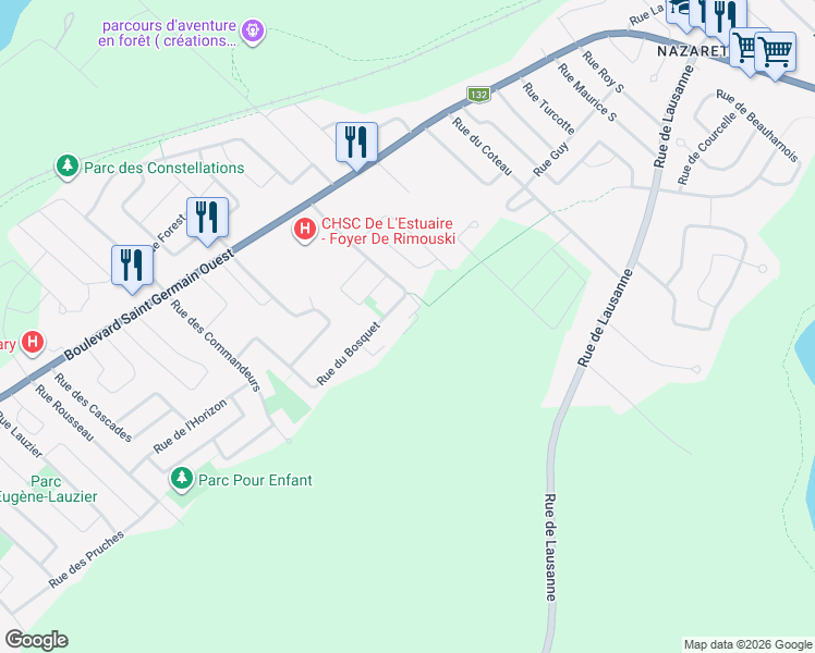 map of restaurants, bars, coffee shops, grocery stores, and more near 320 Rue du Bosquet in Rimouski