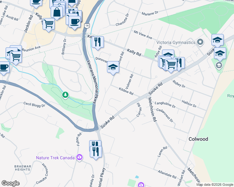 map of restaurants, bars, coffee shops, grocery stores, and more near 624 Kildew Road in Victoria