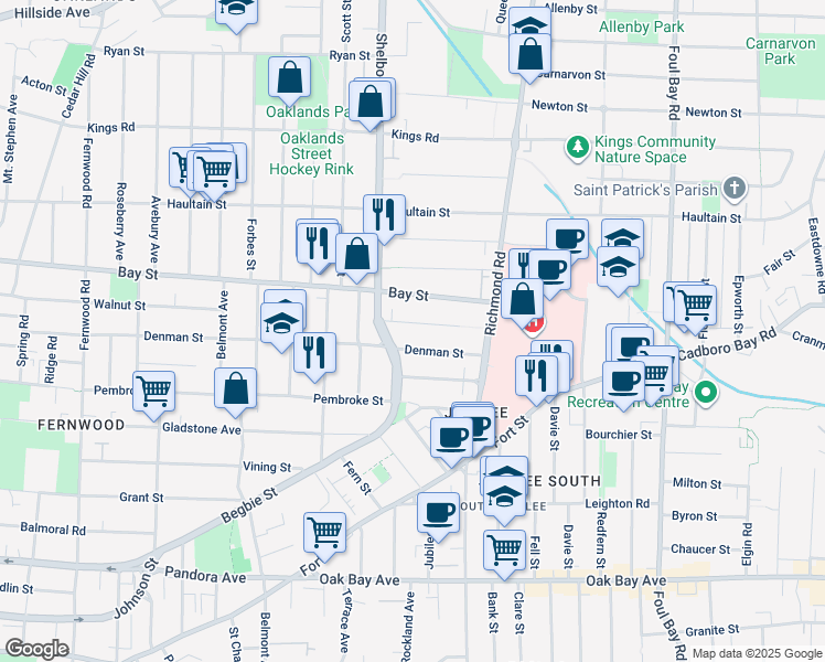 map of restaurants, bars, coffee shops, grocery stores, and more near in Victoria