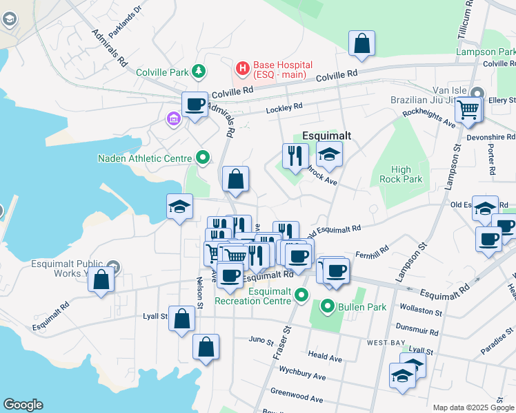 map of restaurants, bars, coffee shops, grocery stores, and more near Grenville Avenue in Victoria