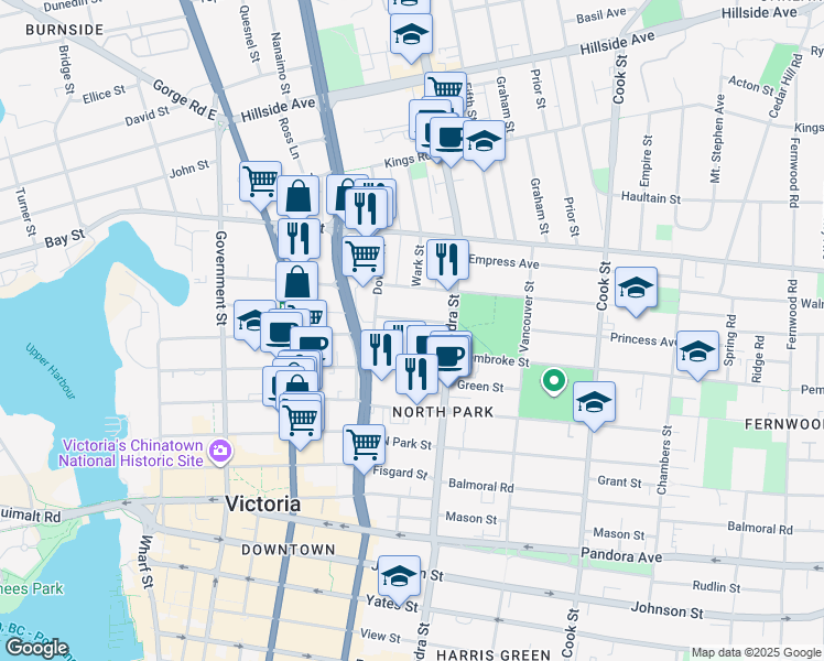 map of restaurants, bars, coffee shops, grocery stores, and more near 833 Princess Avenue in Victoria