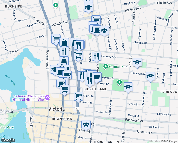 map of restaurants, bars, coffee shops, grocery stores, and more near 833 Princess Avenue in Victoria