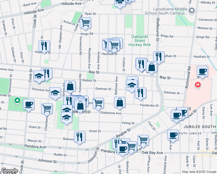 map of restaurants, bars, coffee shops, grocery stores, and more near 1480 Walnut Street in Victoria