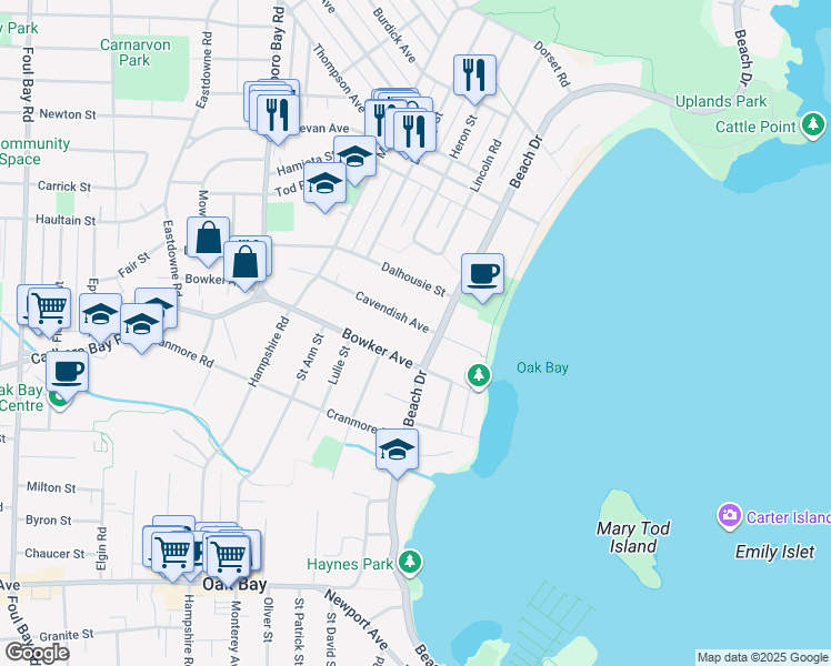 map of restaurants, bars, coffee shops, grocery stores, and more near 2667 Cavendish Avenue in Victoria