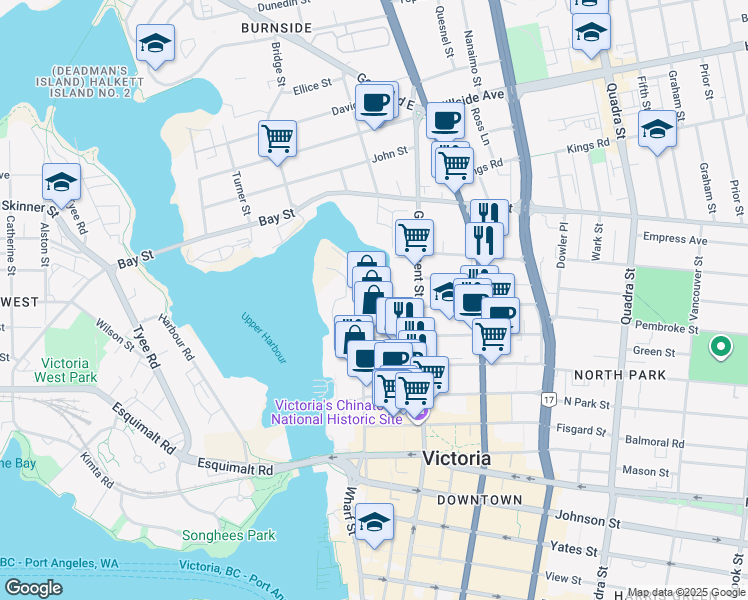 map of restaurants, bars, coffee shops, grocery stores, and more near 512 Pembroke Street in Victoria