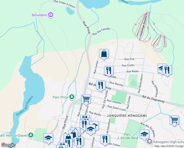 map of restaurants, bars, coffee shops, grocery stores, and more near 3709 Rue Boullé in Saguenay