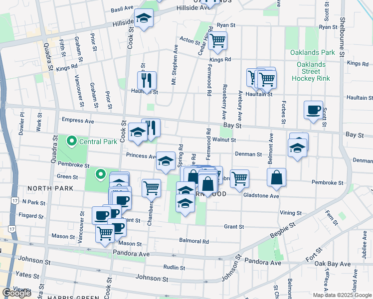 map of restaurants, bars, coffee shops, grocery stores, and more near 1252 Denman Street in Victoria