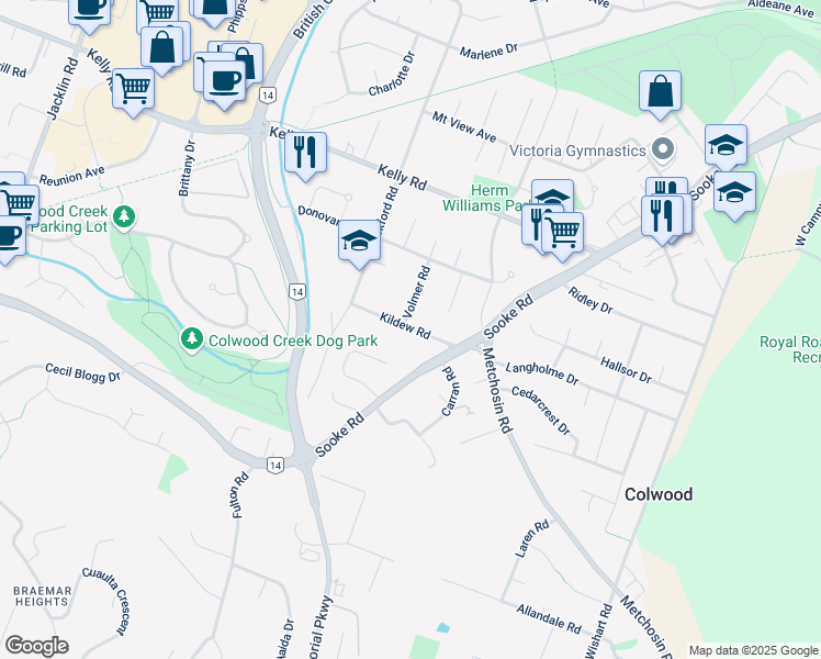 map of restaurants, bars, coffee shops, grocery stores, and more near 623 Kildew Road in Victoria