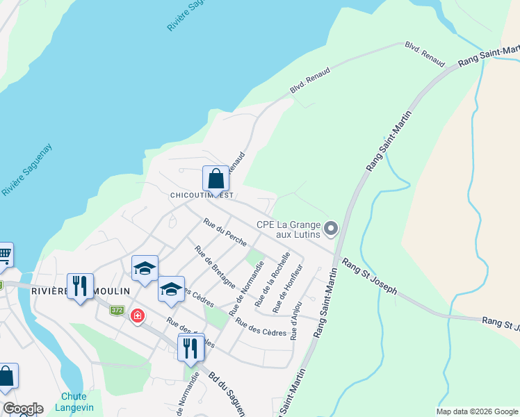 map of restaurants, bars, coffee shops, grocery stores, and more near Rue des Blés in Saguenay
