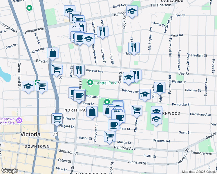 map of restaurants, bars, coffee shops, grocery stores, and more near 1030 Princess Avenue in Victoria