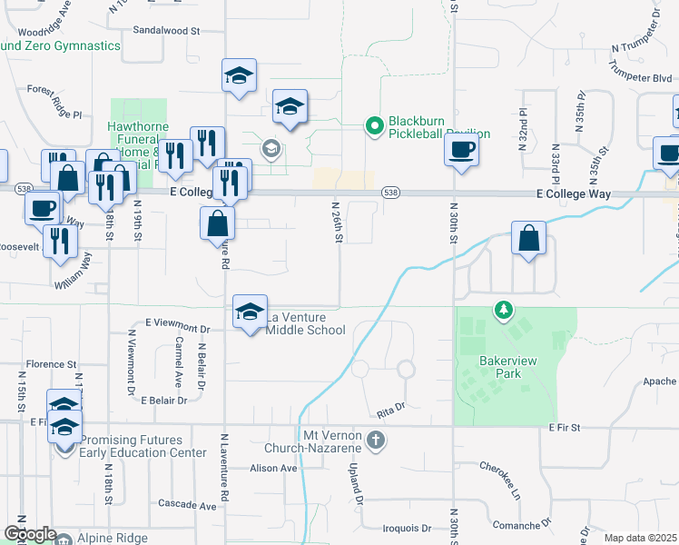 map of restaurants, bars, coffee shops, grocery stores, and more near 1501 North 26th Street in Mount Vernon