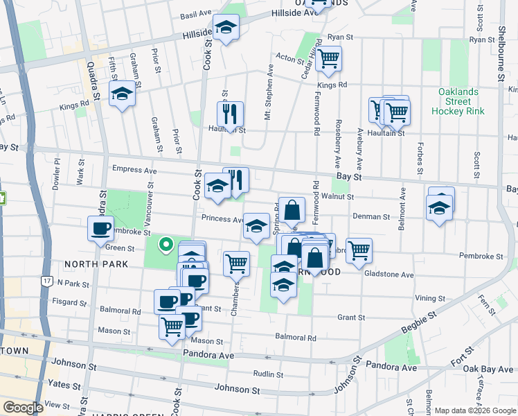 map of restaurants, bars, coffee shops, grocery stores, and more near 1225 Queens Avenue in Victoria