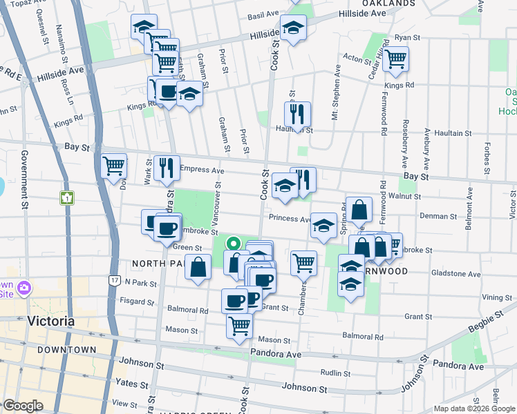 map of restaurants, bars, coffee shops, grocery stores, and more near 2206 Cook Street in Victoria