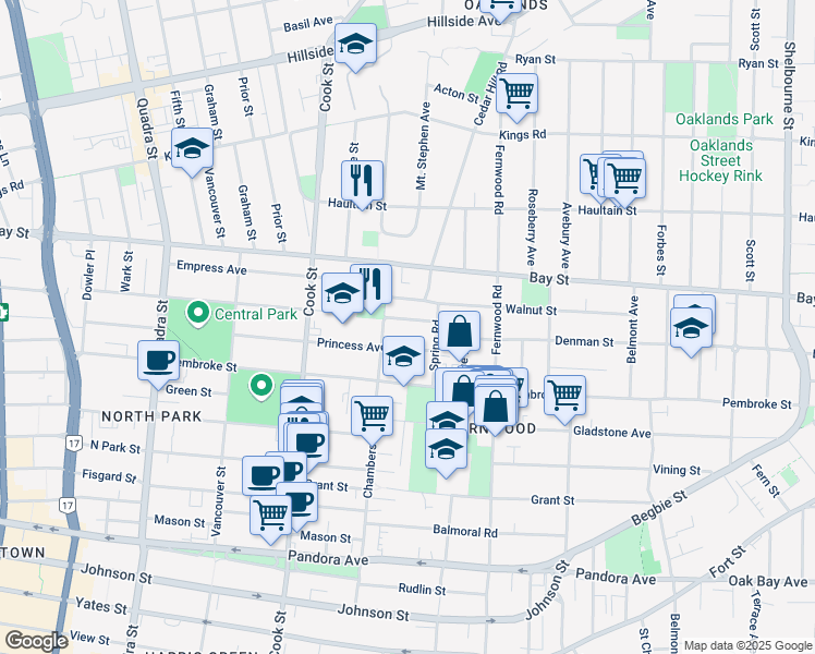 map of restaurants, bars, coffee shops, grocery stores, and more near 1225 Queens Avenue in Victoria