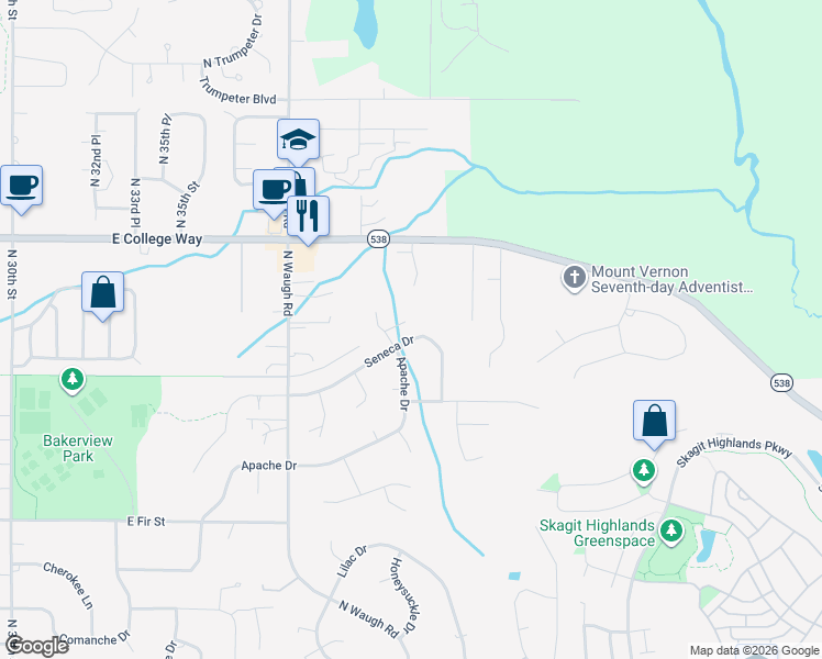 map of restaurants, bars, coffee shops, grocery stores, and more near 4306 Apache Drive in Mount Vernon