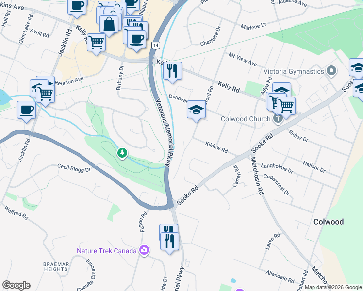 map of restaurants, bars, coffee shops, grocery stores, and more near 3083 Chantel Place in Victoria