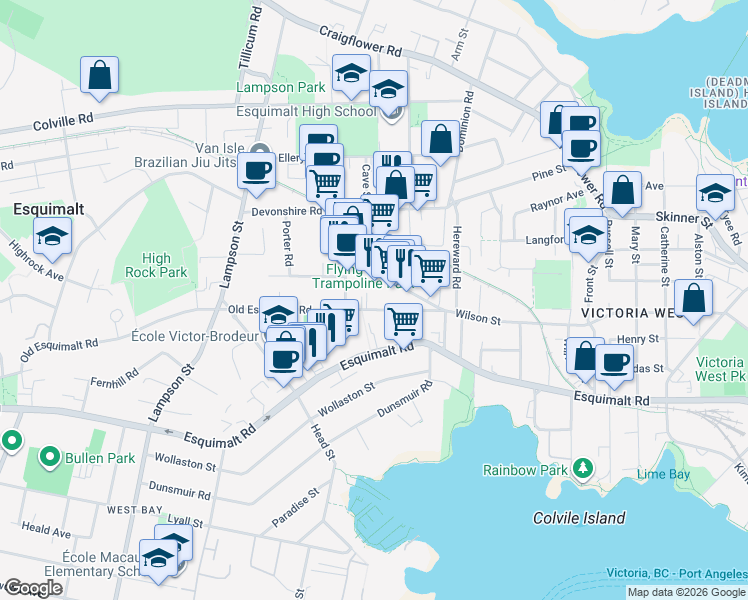 map of restaurants, bars, coffee shops, grocery stores, and more near 850 Old Esquimalt Road in Victoria