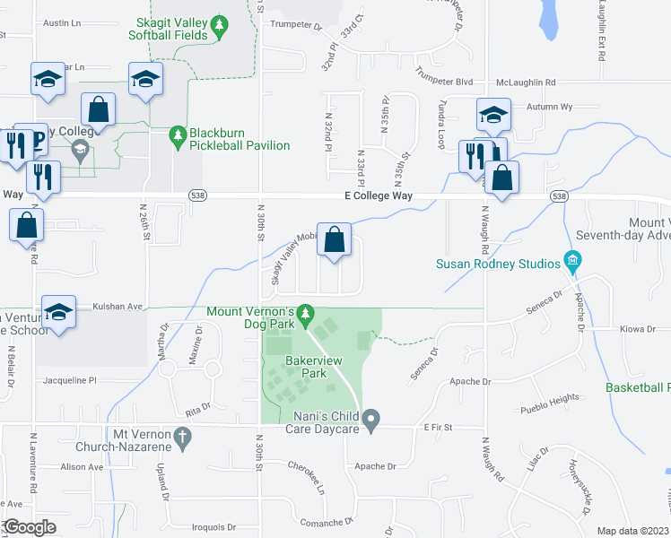 map of restaurants, bars, coffee shops, grocery stores, and more near 1400 North 30th Street in Mount Vernon