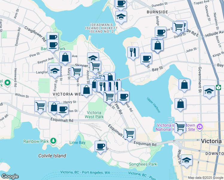 map of restaurants, bars, coffee shops, grocery stores, and more near 655 Tyee Road in Victoria