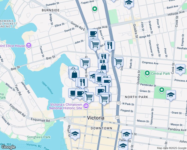 map of restaurants, bars, coffee shops, grocery stores, and more near 627 Princess Avenue in Victoria