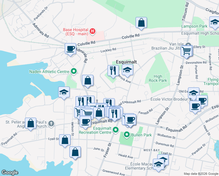 map of restaurants, bars, coffee shops, grocery stores, and more near 1244 Woodway Road in Victoria