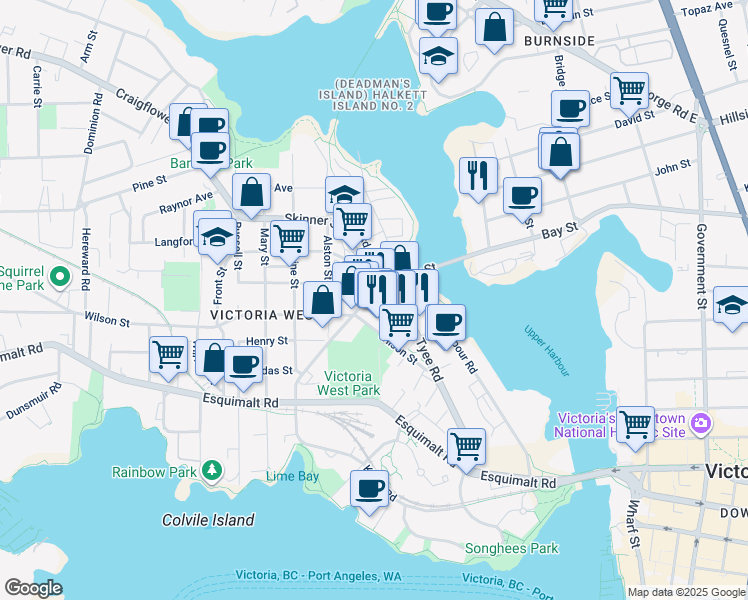 map of restaurants, bars, coffee shops, grocery stores, and more near 100 Tyee Road in Victoria