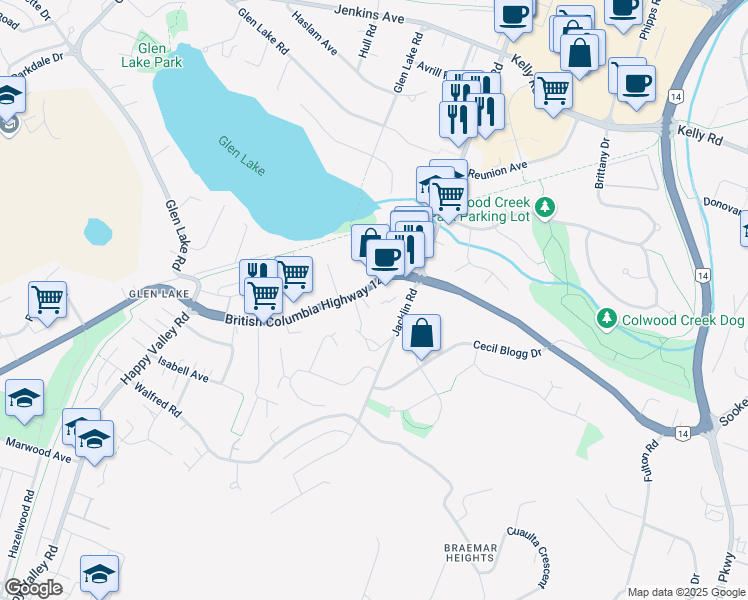 map of restaurants, bars, coffee shops, grocery stores, and more near 2615 Sooke Road in Victoria