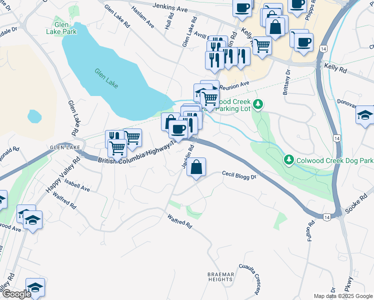 map of restaurants, bars, coffee shops, grocery stores, and more near 3210 Jacklin Road in Victoria