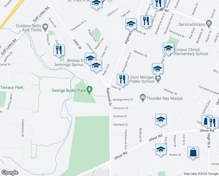 map of restaurants, bars, coffee shops, grocery stores, and more near 3 Balmoral Street in Thunder Bay