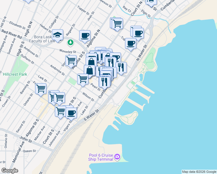 map of restaurants, bars, coffee shops, grocery stores, and more near 37 Cumberland Street South in Thunder Bay