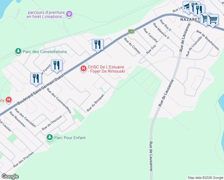 map of restaurants, bars, coffee shops, grocery stores, and more near 312 Rue du Bosquet in Rimouski