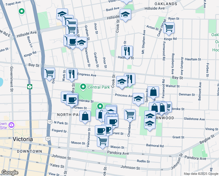 map of restaurants, bars, coffee shops, grocery stores, and more near 1051 Queens Avenue in Victoria