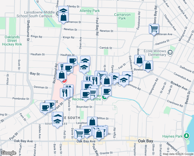map of restaurants, bars, coffee shops, grocery stores, and more near 2150 Foul Bay Road in Victoria