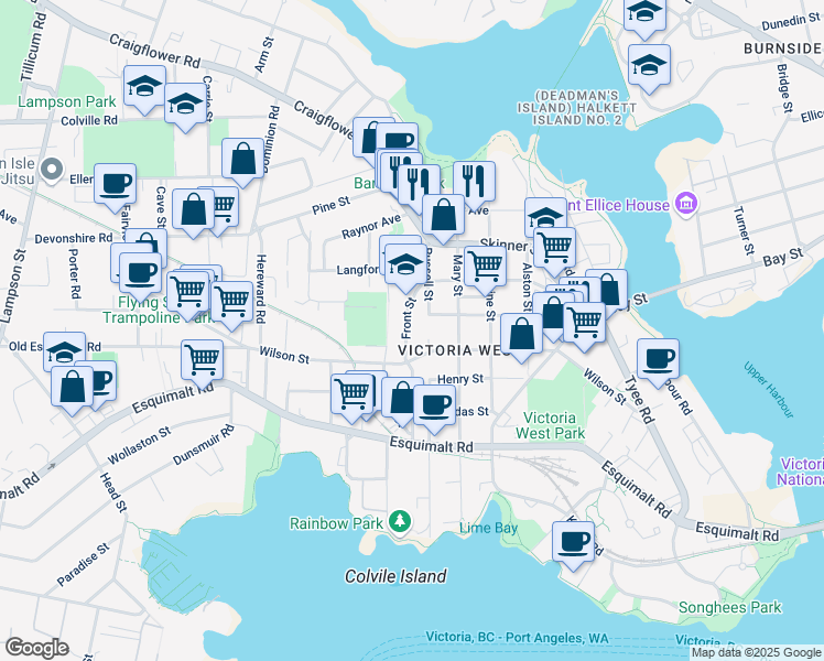 map of restaurants, bars, coffee shops, grocery stores, and more near 735 Front Street in Victoria