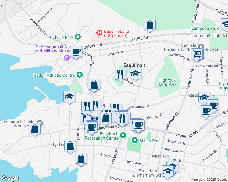map of restaurants, bars, coffee shops, grocery stores, and more near 1258 Rockcrest Avenue in Victoria