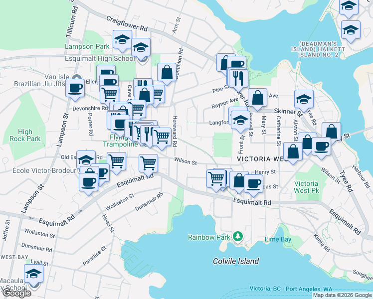 map of restaurants, bars, coffee shops, grocery stores, and more near 830 Walker Street in Victoria