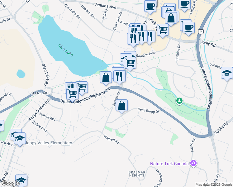 map of restaurants, bars, coffee shops, grocery stores, and more near 3220 Jacklin Road in Victoria