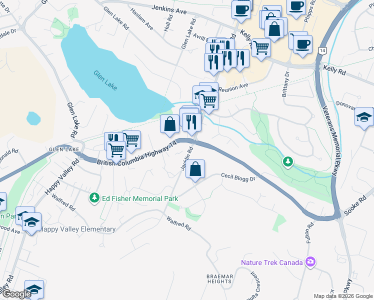 map of restaurants, bars, coffee shops, grocery stores, and more near 3220 Jacklin Road in Victoria