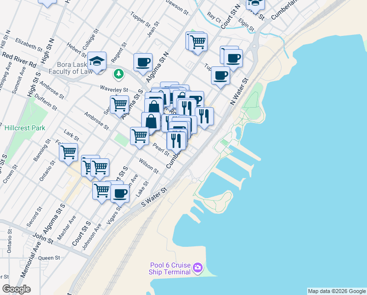 map of restaurants, bars, coffee shops, grocery stores, and more near 37 Cumberland Street South in Thunder Bay