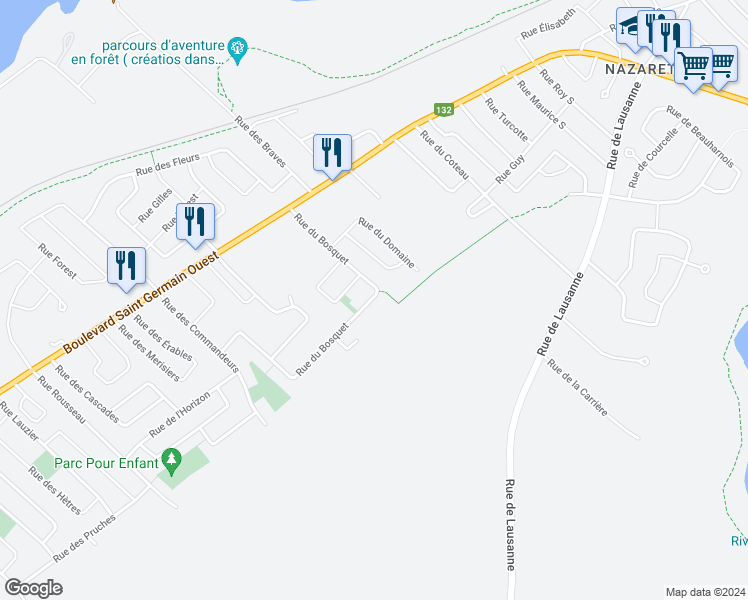 map of restaurants, bars, coffee shops, grocery stores, and more near 312 Rue du Bosquet in Rimouski