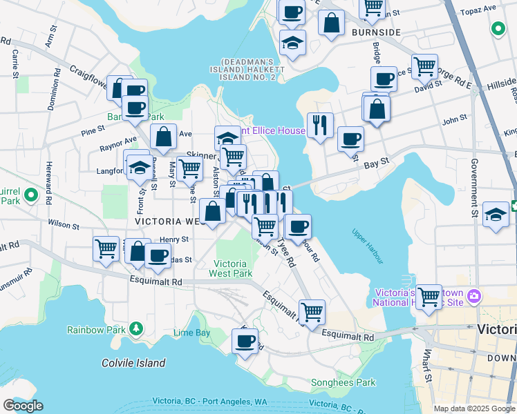 map of restaurants, bars, coffee shops, grocery stores, and more near 100 Tyee Road in Victoria