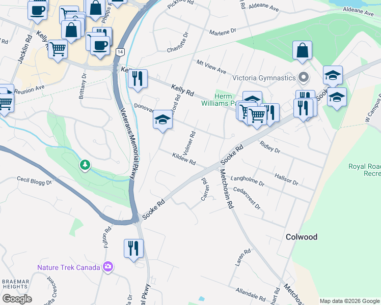map of restaurants, bars, coffee shops, grocery stores, and more near 3098 Paisley Place in Victoria